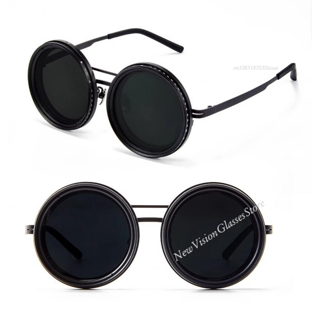 Gafas polarizadas redondas para hombres y mujeres, gafas de sol ajustables de 1-9 velocidades con lentes de filtro ND, gafas retro anchas