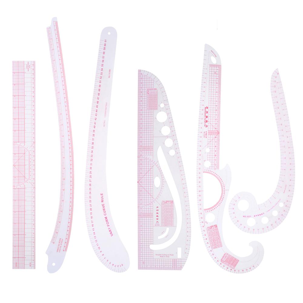 9PCS/SET Ruler Tailor Measuring Kit Clear Sewing Drawing Ruler Yardstick Sleeve Arm French Curve Set Cutting Ruler Paddle Wheel: 6PCS