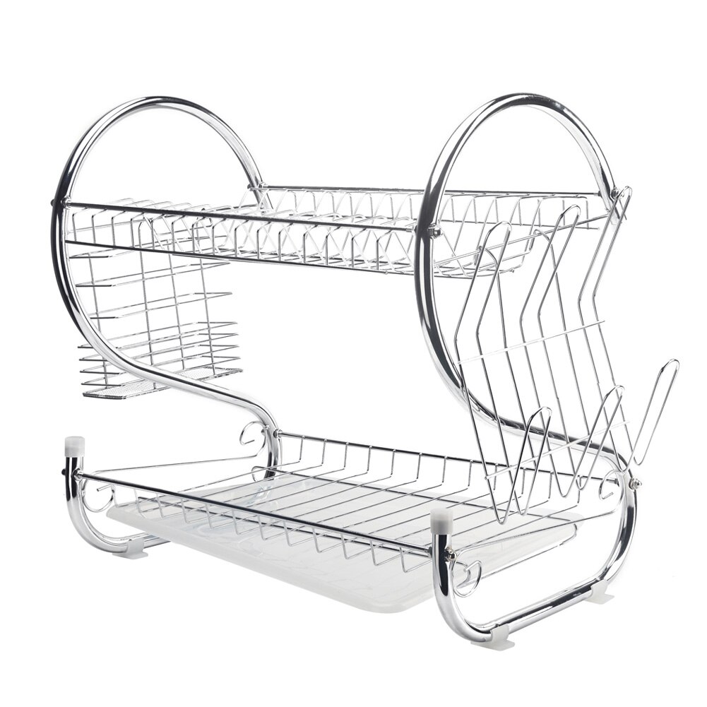 2 Tier Iron Chrome Dish Drainer Drying Rack Removable Rust Proof Utensil Holde For Kitchen Counter Storage Rack: Default Title