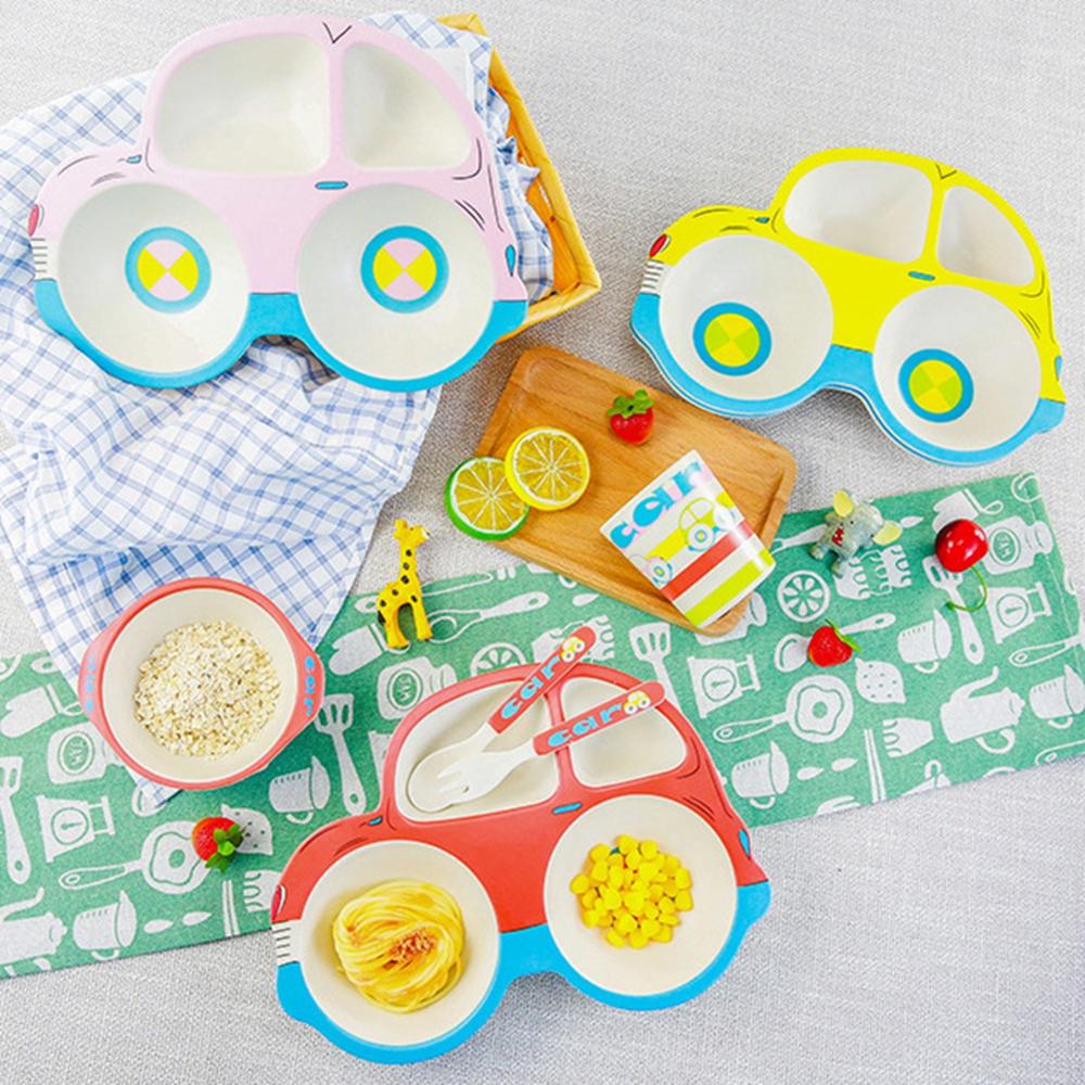 Children's Plate Cute Car Cartoon Household Dishes Bowls Baby Feeding Plate Toddlers Eating Tray Fork Spoon Set