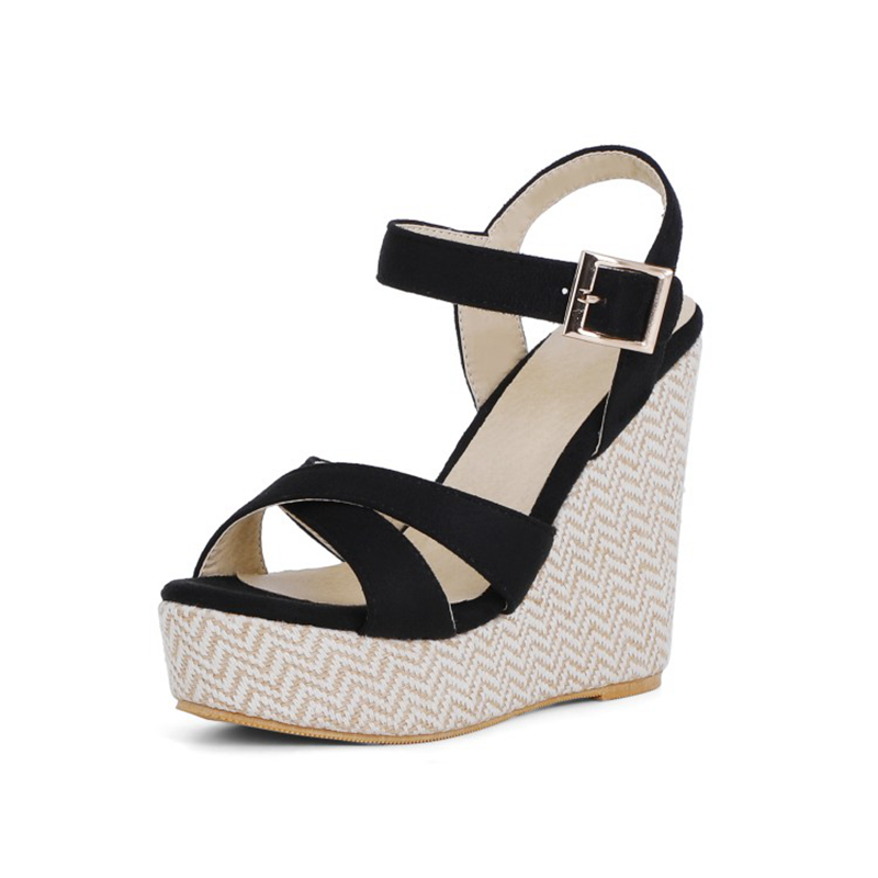 REAVE CAT Summer Slingbacks Open Toe Stretch Fabric Buckle Cross Strap 12.5cm Wedge Sandal With Platform Size 30-48 Hemp: black / 35.5
