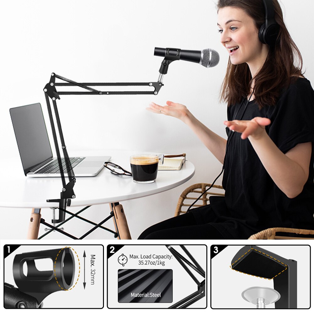 Mic Boom Desk Arm Stand with Phone Holder, Boom Suspension Stand Adapter Clip for Microphone Smartphone Tablet Ring Light