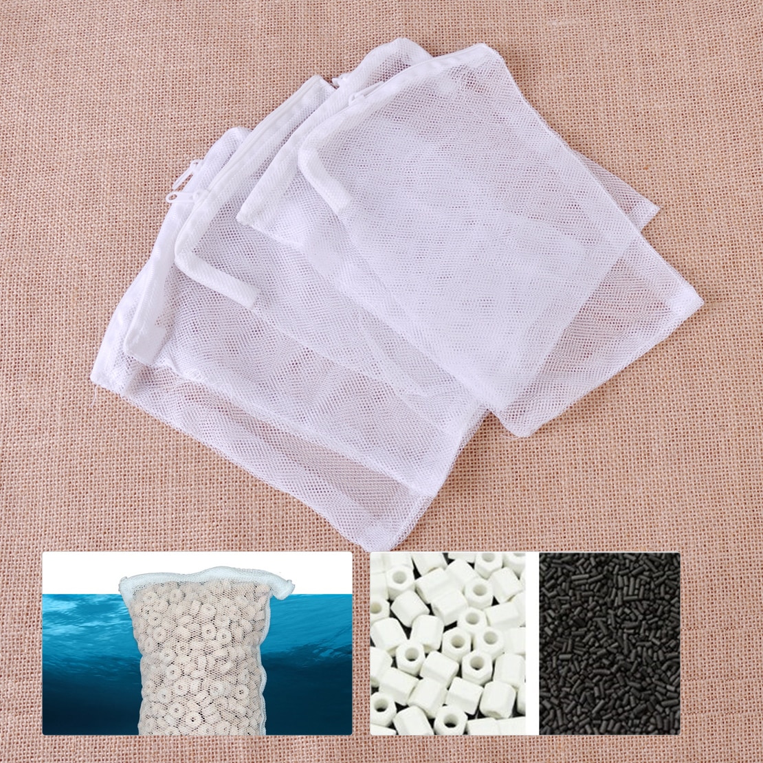 5 PCS Polyester Filter Mesh Net Bag Aquarium Fish Tank Pond Media Zip Zipper White 20x16 cm