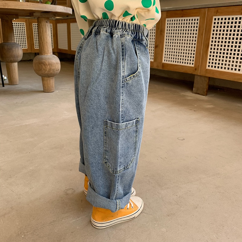 Drenge løse brede ben casual denim bukser efterår piger oversized all-match jeans