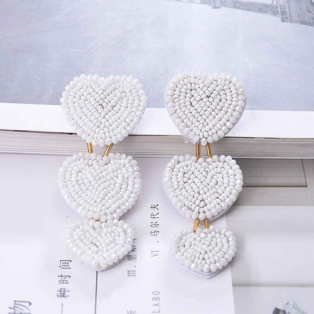 Ztech 8 Kleuren Kralen Grote Hart Hanger Lange Oorbellen Voor Vrouw Party Bohemen Accessoires Dangle Oorbellen Verklaring Sieraden: White