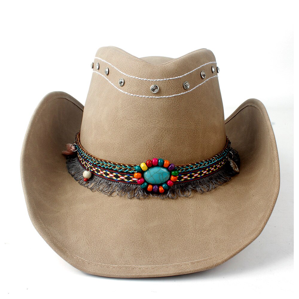 Kvinders s 100%  læder cowboy hat western cowgirl fedora hat kvast turkis perle læderbånd: Default Title