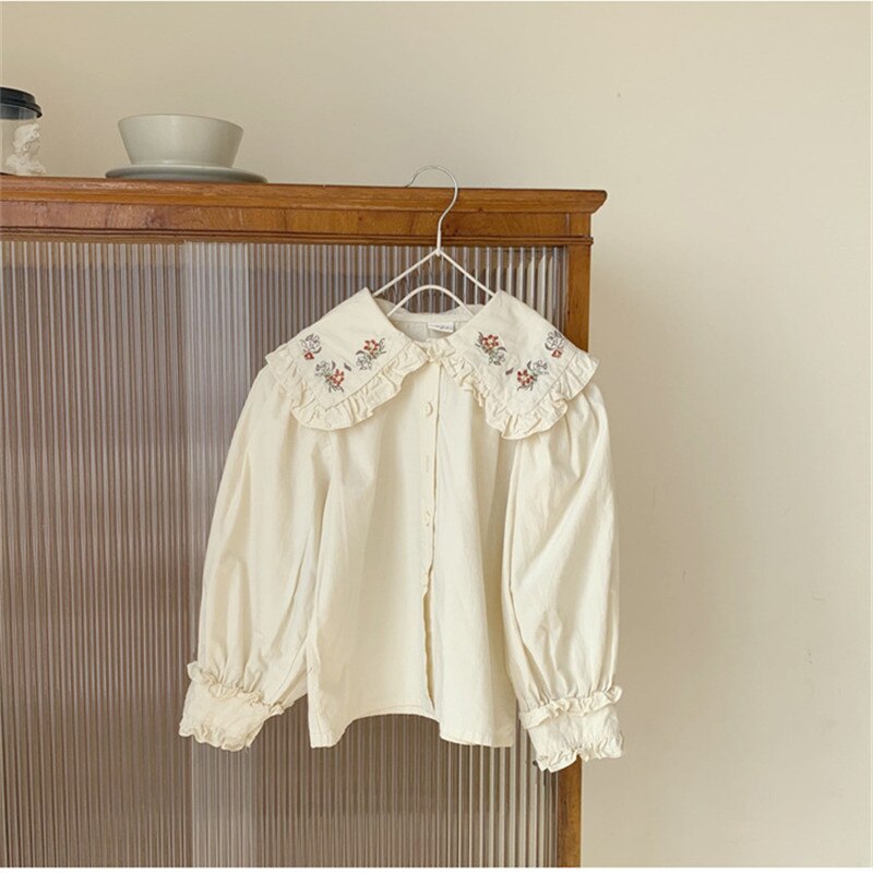 Blusa informal de manga larga con cuello vuelto para Primavera, camisa con bordado de estilo coreano para niñas