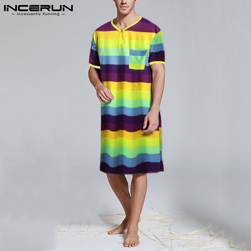 Incerun Mannen Gewaden Kleurrijke Gestreepte O Hals Korte Mouwen Homewear Cozy Leisure Nachtkleding Zomer Heren Badjassen Nachtjapon S-3XL