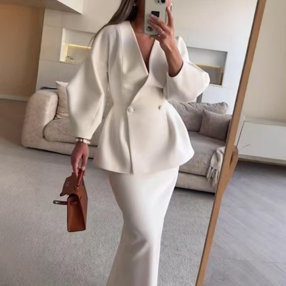 Elegante blazer jas rok set dames slanke v-hals lange lantaarn mouw jas top midi rokken past 2-delig kantoor chique outfits: M / WIT