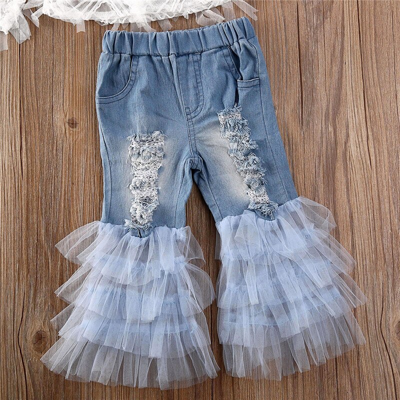 1-6Y Peuter Kids Baby Meisjes Kant Off Shoulder Tops T-shirt Ruche Denim Ripped Gat Broek Outfits Meisje Kleding 2 stuks Set