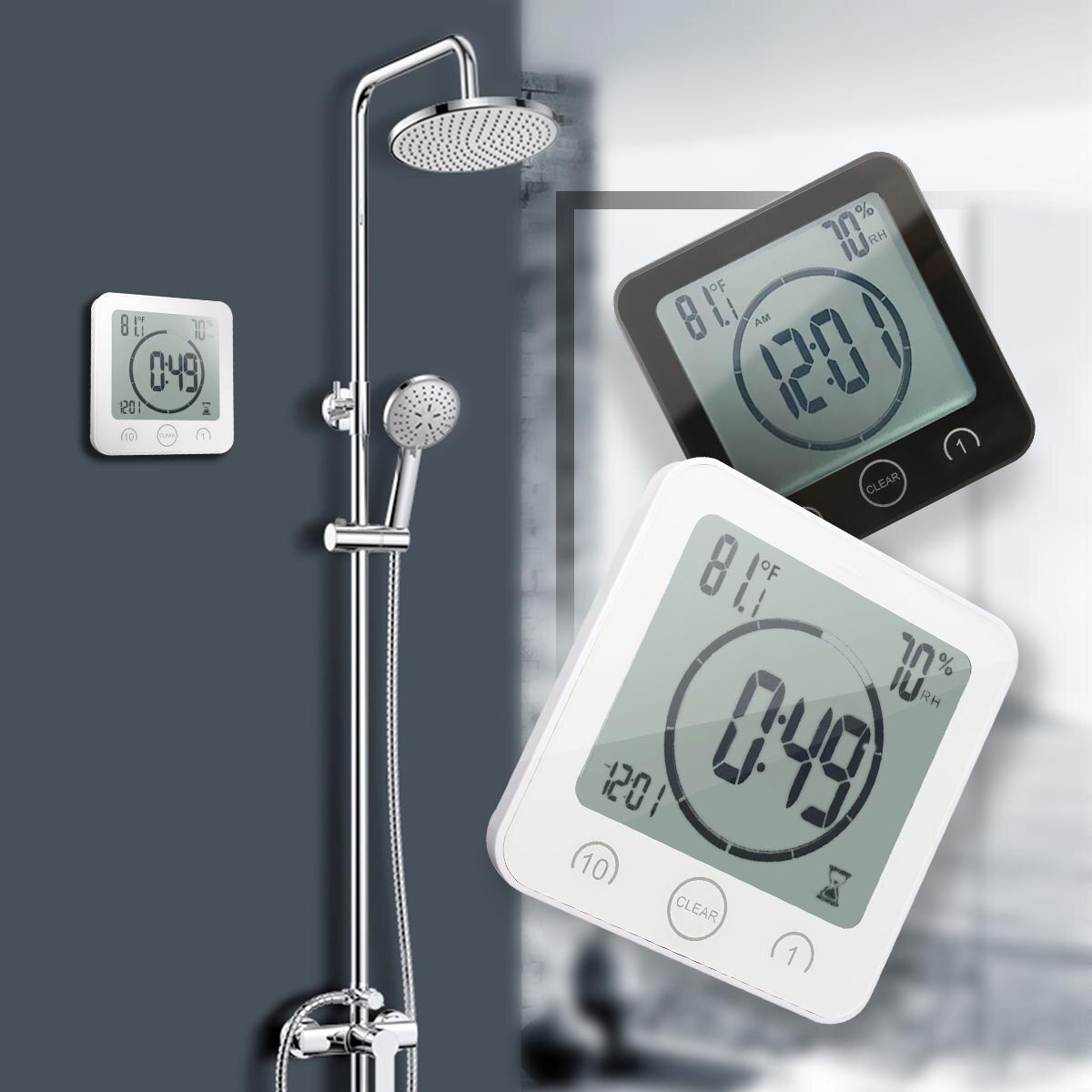 LCD numérique horloges murales étanche douche salle de bain mur aspiration horloge minuterie compte à rebours alarme temps température humidité mètre