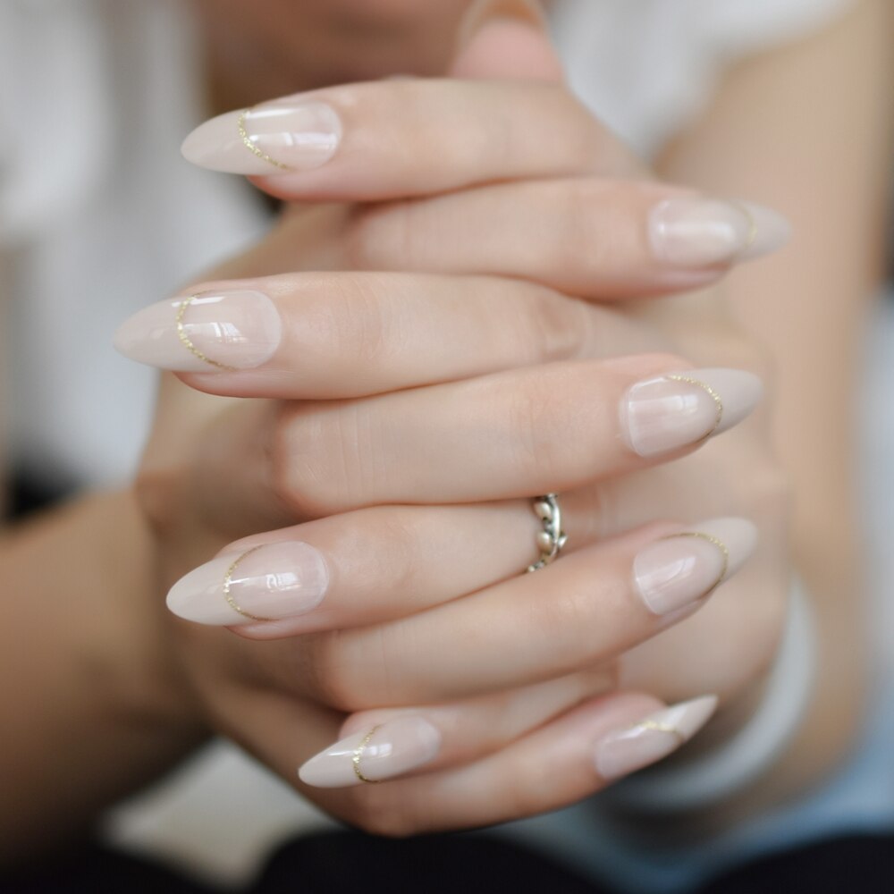 Faux ongles style français, , Beige, naturel, mi-stiletto, or, ligne de sourire, pointes de manucure conçues