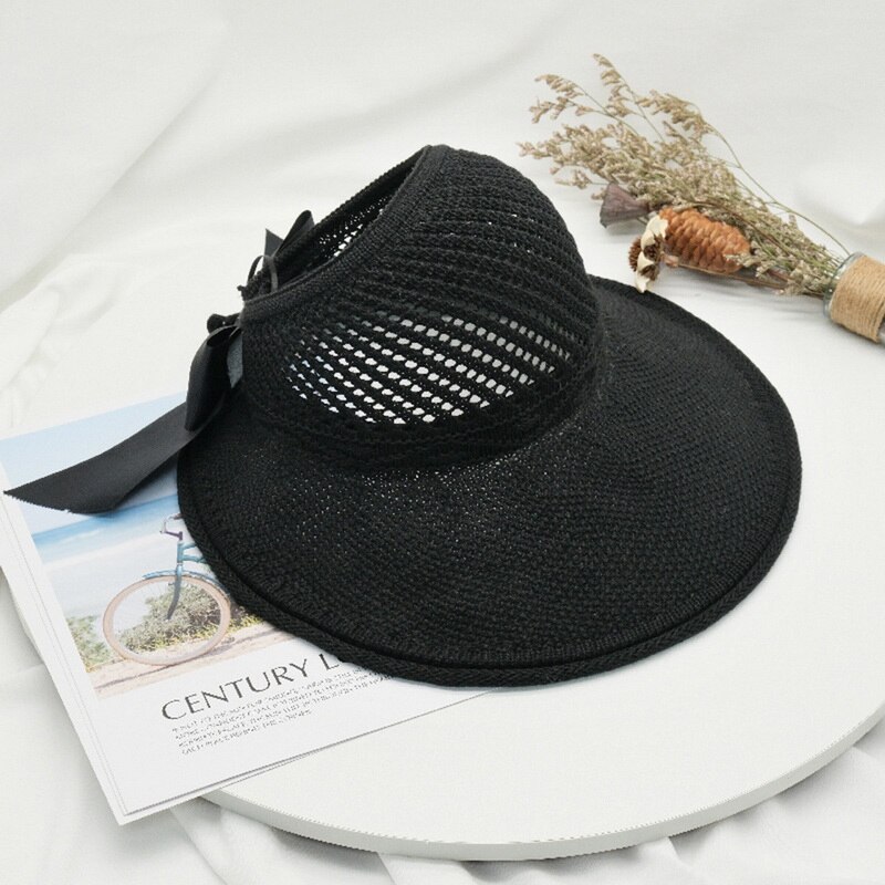 Sombreros de Sol para mujer, sombrero de paja plegable con lazo clásico, de ala grande, informal, para playa al aire libre, protección UV, para verano: Negro