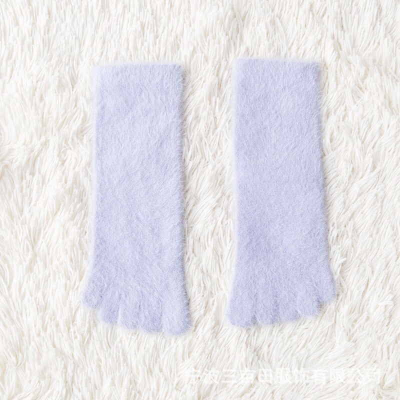 Mulheres meninas grossas cinco dedos meias inverno quente colorido coral velo fofo toe meias macio cozy hosiery chinelos de assoalho feminino: Lavanda