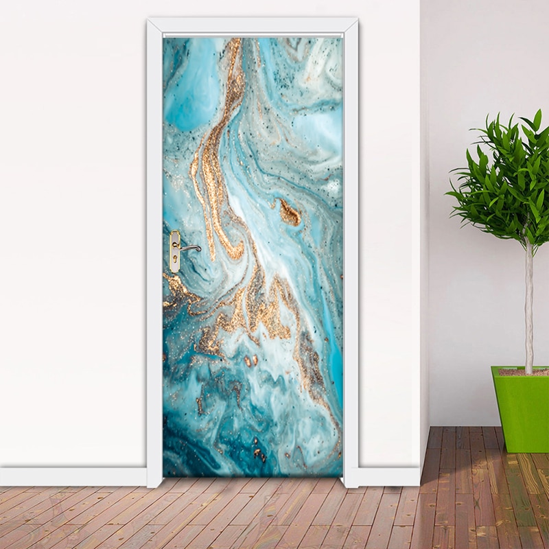 3D DIY Self-adhesive Door Stickers Waterproof Blue Quicksand Dorm Room PVC Poster Door Mural Removable Art Vinyl Wallpaper Roll