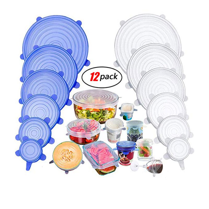 12 PCS Round Reusable Silicone Food Cover Elastic Stretch Adjustable Bowl Lids Kitchen Wrap Seal Fresh Keeping Silicone Caps