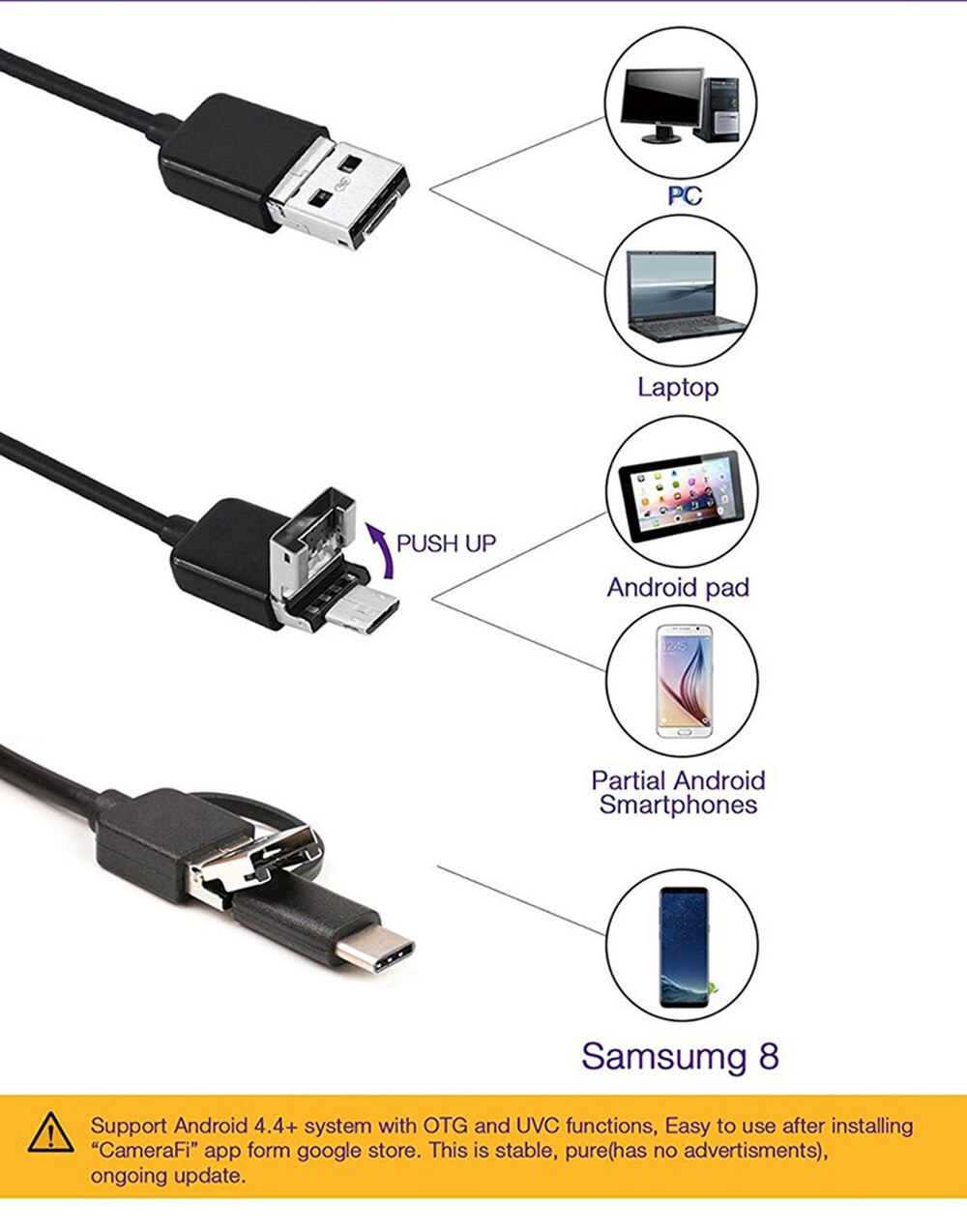 Endoscopio USB tipo C, boroscopio para OTG, Android, teléfono, Windows, PC, MacBook, cámara de inspección de 7mm, impermeable, cable semirrígido