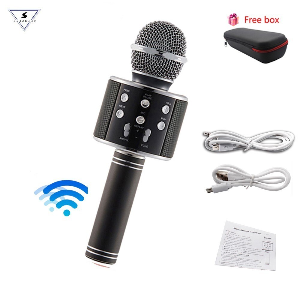 WS 858 Wireless Microphone Karaoke Condenser Mic Wtih Bag Bluetooth Stand Radio Mikrofon Studio Recording Mic WS858: black with box
