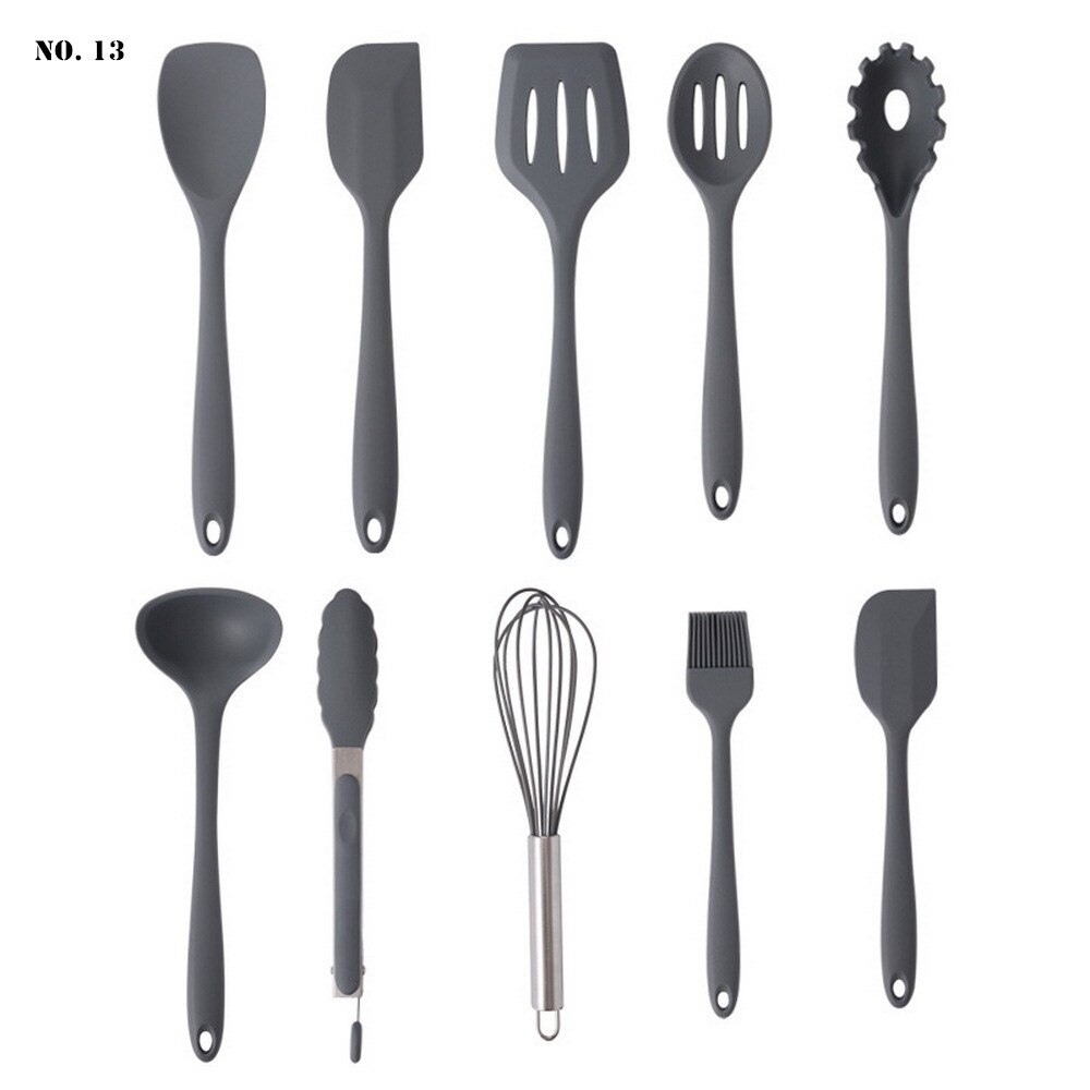 10 Pcs Kitchen Utensil Set Gray Silicone Cooking Utensils Non-stick Spatula Wooden Handle with Storage Box Kitchen Safety Tools