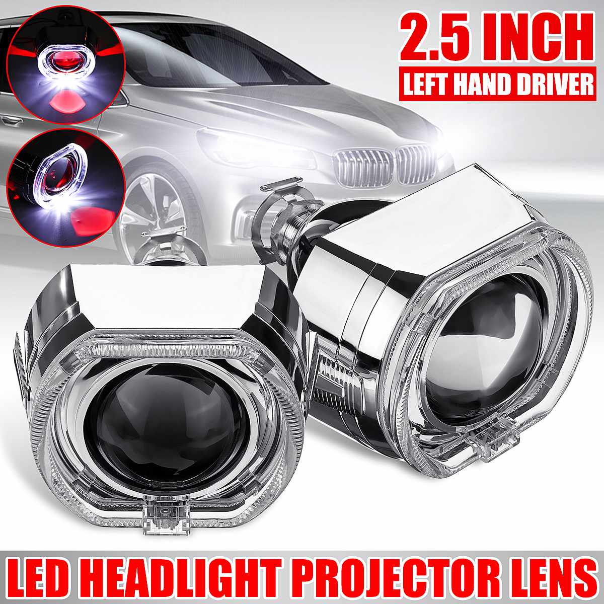 2.5 Inch Universal Round Angel & Devil Demon Eye LED Headlights HID Bi-Xenon Projector Lens Kit H1 LHD/RHD