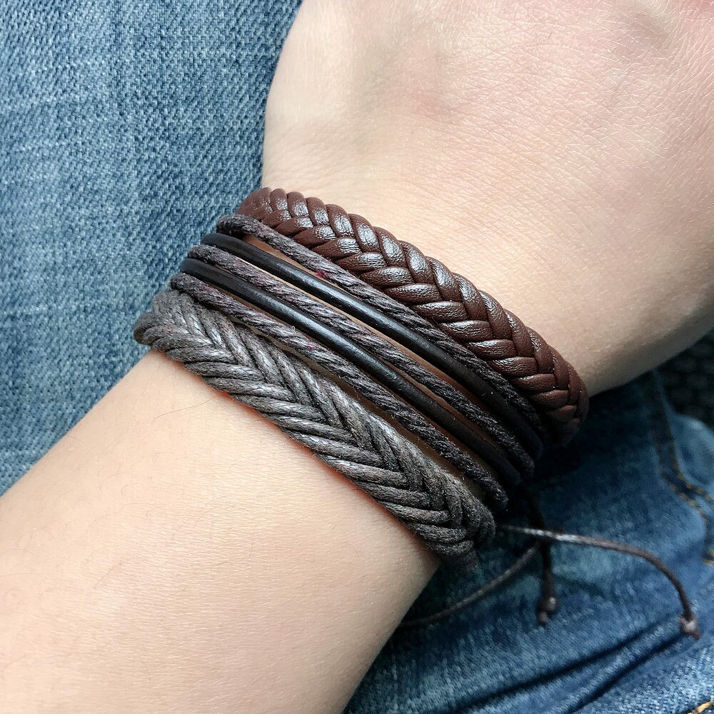 Pulsera de cuero trenzada para hombre y mujer, brazalete de cuerda multicapa hecho a mano, de joyería para pareja, 3 unids/set por juego, 2022