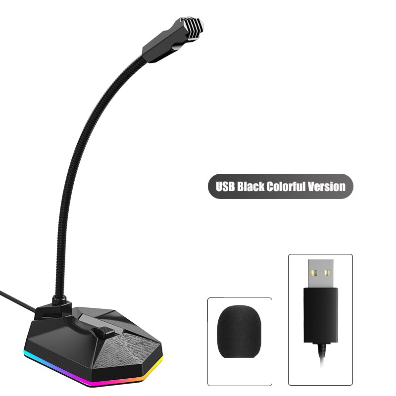 Pink USB Microphone Free Drive HD Sound Card Noise Reduction RGB Light-emitting Gaming Mike For Computer Gamer: Black-USB