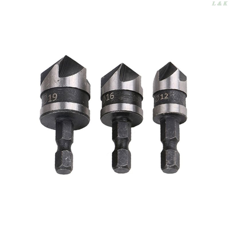 3pcs/set 90 Degree 1/4 Hex Drill Rod 5 Flute 12mm 16mm 19mm Wood Debur Counter