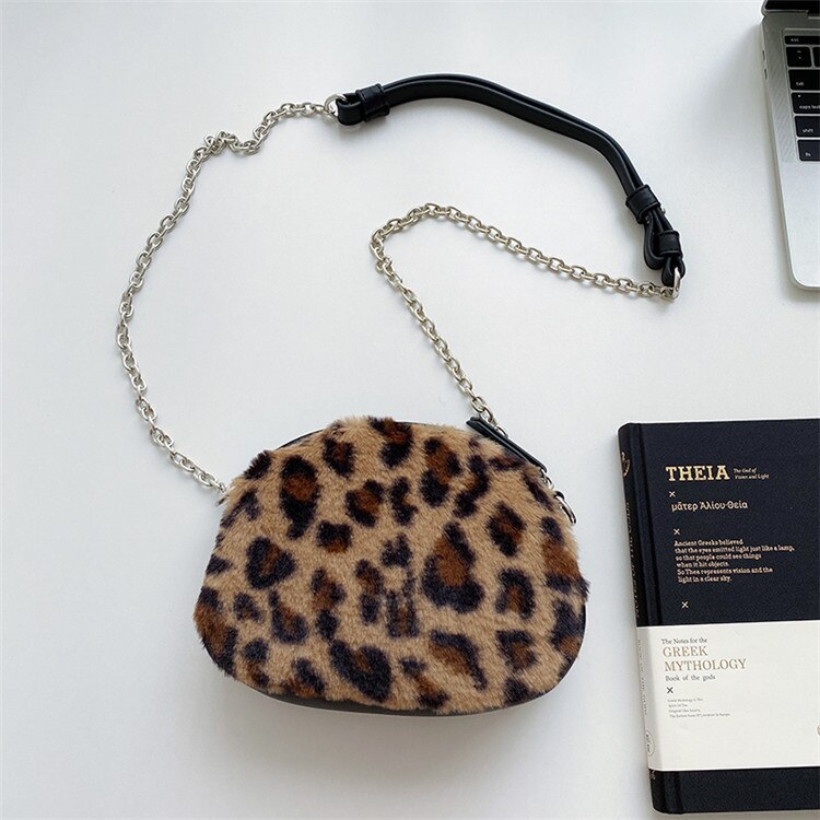 hiver sac axillaire paquet polaire femmes Mini doux court en peluche avec fermeture éclair petite femme sac à main de luxe dames: Leopard brown