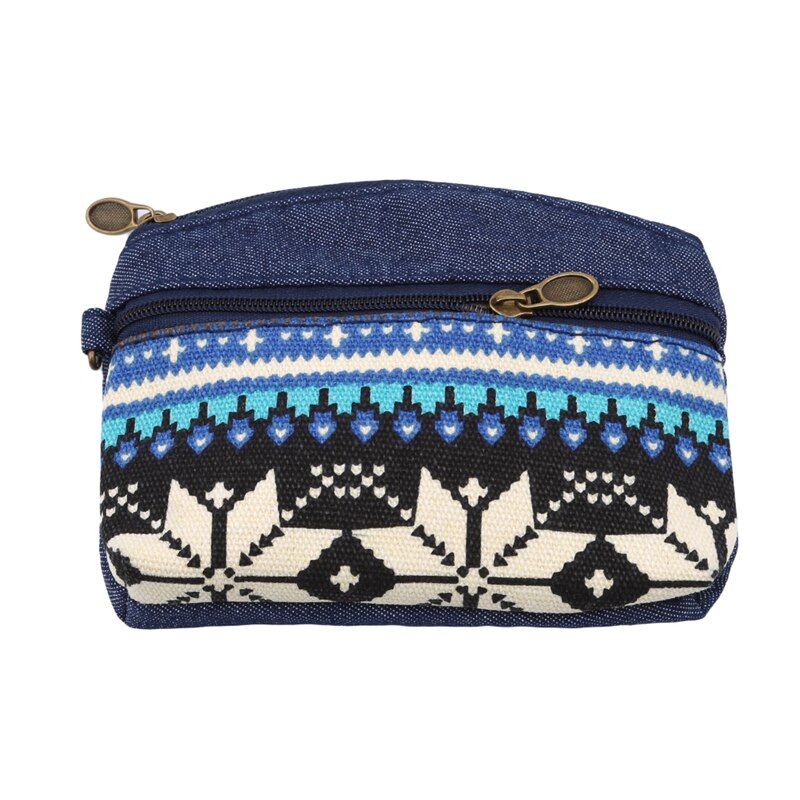 Etnisk lerret mini lommebok dame dobbel glidelås mynt vesker barn mynt lommebok for jenter nøkkel lommebøker: Blå