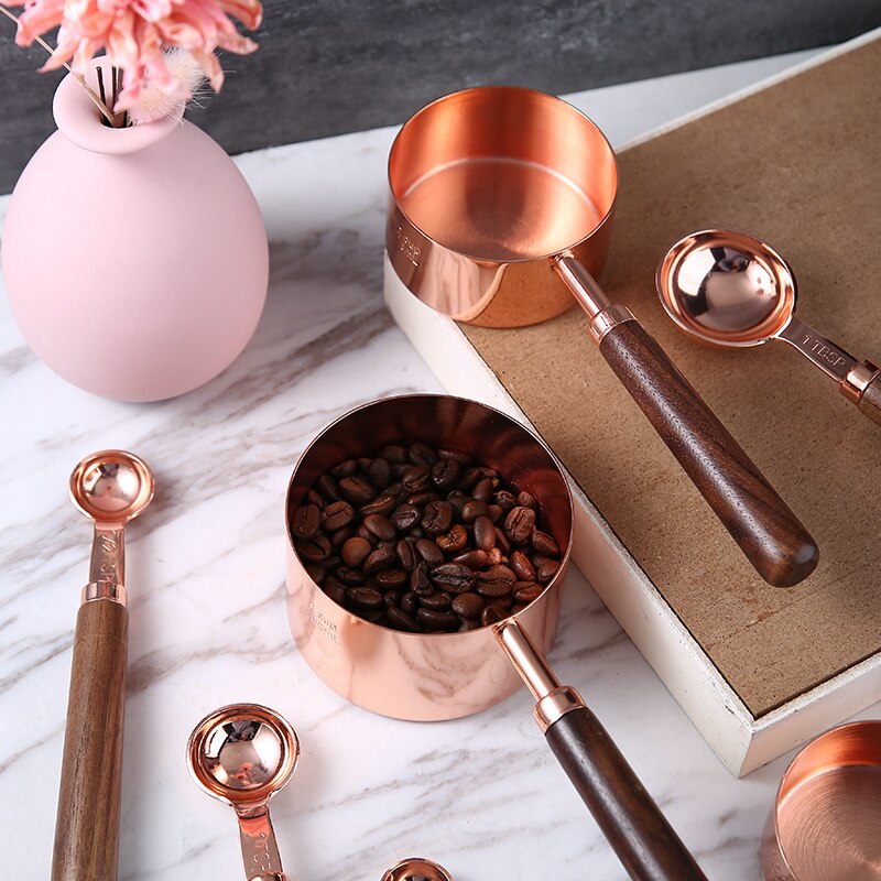 Walnut Handle Measuring Scoops Stainless Steel Plated Copper Kitchen Measuring Spoon Cup For Baking Brewing Measuring