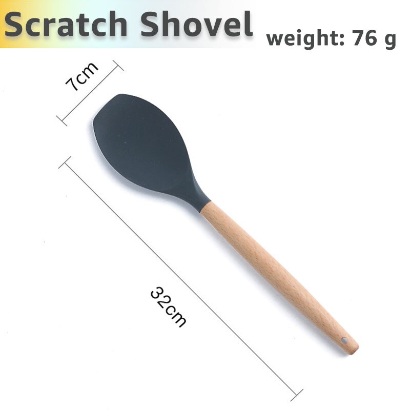 Silicone Cooking Utensils Set Kithcen Non Stick Spatula Shovel Soup Spoon Wooden Handle Heat Resisant 9 Pieces Cooking Tools set: Scratch shovel