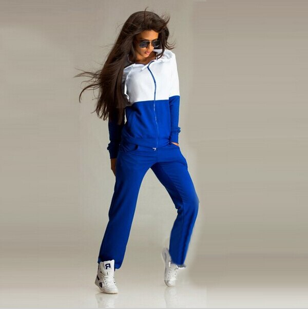 Patchwork Zipper lace up Suit Set Women Tracksuit Two-piece Sport Style Outfit Jogging Sweatshirt Fitness Lounge Sportwear: Blue / M