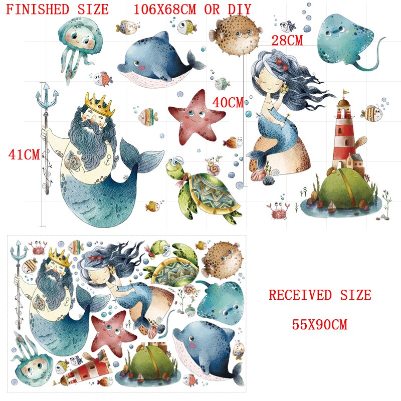 Cartoon Mermaid Wall Stickers Kid's Bedroom Bathroom Marine Animals Stickers Wall Decals Waterproof Posters Films