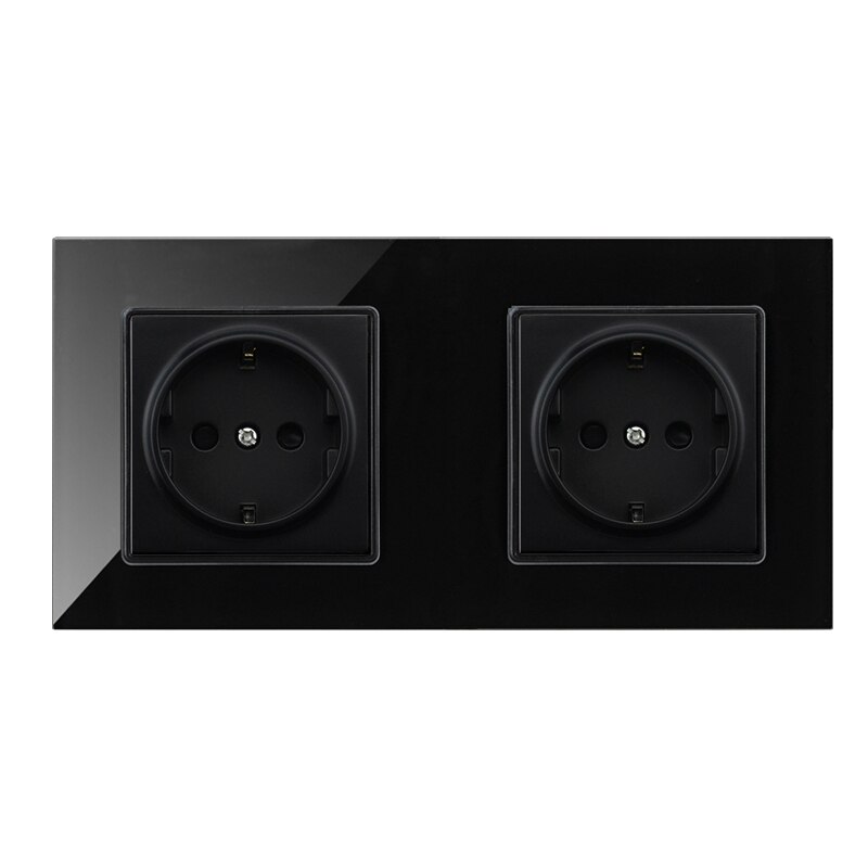 Black Crystal Glass Panel Power Socket EU Standard Electrical Appliances Plug Socket Singel/Double/Triple/Quadruple Wall Socket: Double Socket