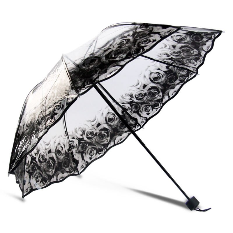 Paraply regn kvinder gennemsigtig solrig og regnfuld paraply parasol tykkere tre-foldet reklame paraply: Rose