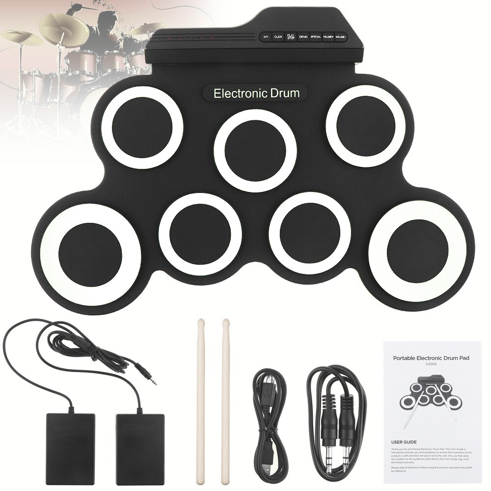 Portable Silicone Electronic Digital USB 7 Pads Roll up Set Green Electric Drum Kit with Drumsticks and Sustain Pedal: white