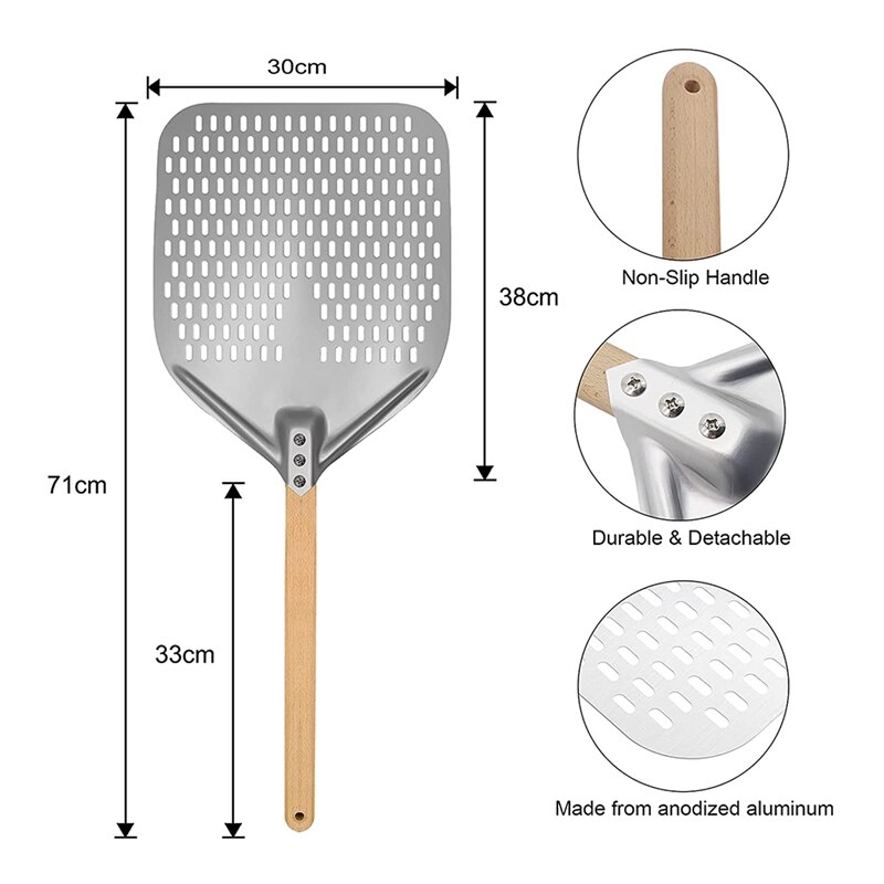 Perforated Pizza Peel, 12 Inch Anodized Aluminum Pizza Paddle with Detachable Handle Rectangular Pizza Turning Peel