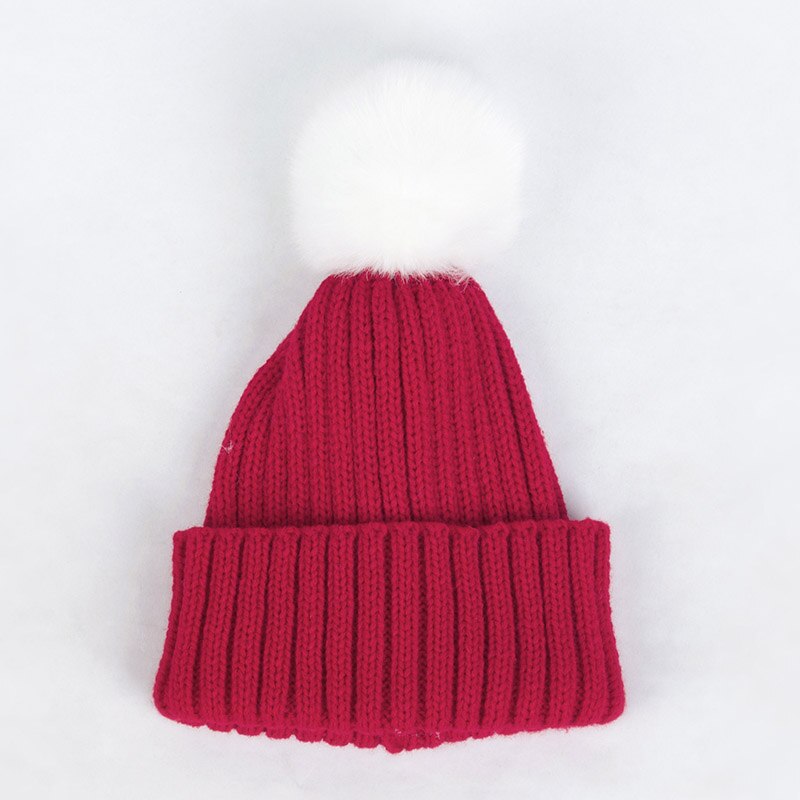 Geebro Lue for Barn - Koselig Strikket Lue med Pompon - Vinter Høst - Unisex: Vin rød hvit