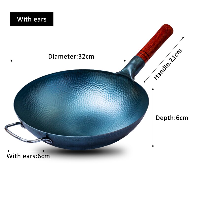 Master Handgemaakte Ijzeren Wok, Hoge Dichtheid Chinese Traditionele Handgemaakte Smeden Wok, niet-Coating Duurzaam Ijzeren Woks Pot Kookgerei: 32cm with ear