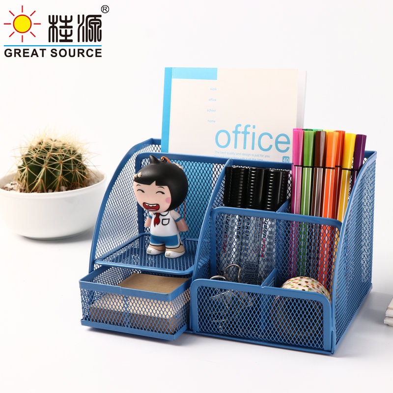 Durable Stationeries Holder Metal Mesh Basket Desk Commodity Organizer With Drawer Colorful Metallic Lacquer