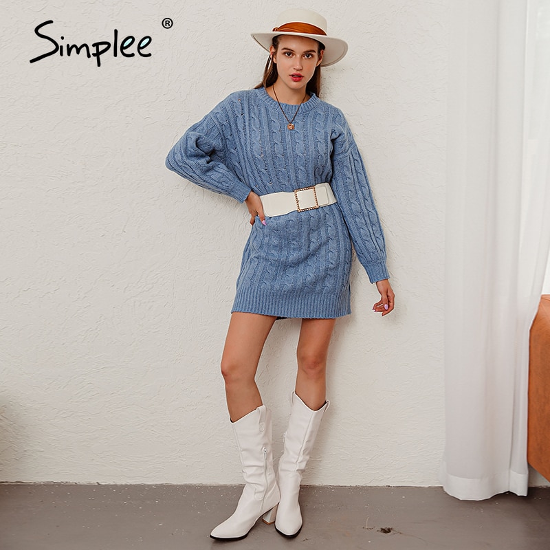 Simplee Causal blue autumn winter women knitted dress o-neck long sleeves straight dress basic sweater dress