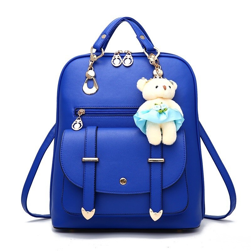 DIOMO Women Backpack Casual Cute for Girl School Bag Pu Leather Bear Pendant Multi-color Optional: Blue