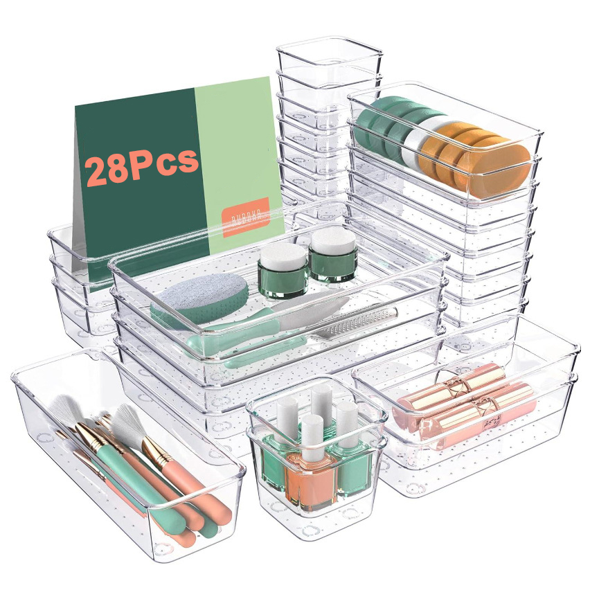 28 PCS Clear Drawer Organizers Set 4-Size Versatile Bathroom and Vanity Drawer Organizer Trays Storage Bins for Bedroom Kitchen