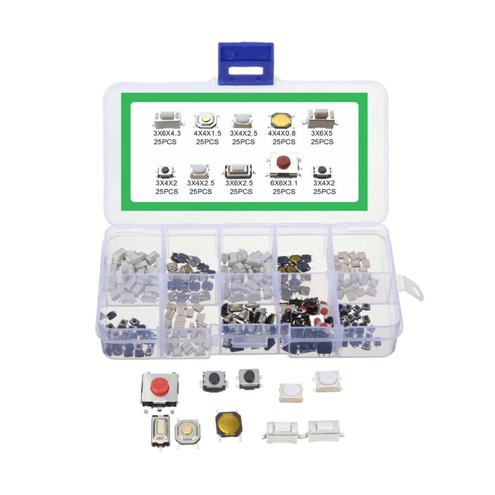 250 Stuks 10 Soorten Tactile Drukknop Auto Afstandsbediening Sleutel Knop Microschakelaar Tool Kit Momentary Tact Assortiment Kit
