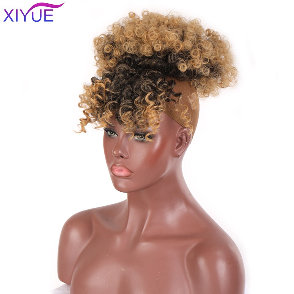 Frange synthétique Afro courte crépue bouclée avec cordon de serrage, Chignon Afro court, queue de cheval crépue bouclée avec frange, Extension capillaire: 1B/30HL