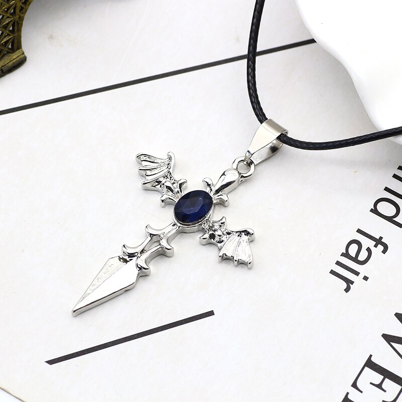 Men Jewelry Cross Pendant Blue Crystal Angel Devil Wings Necklaces & Pendants Metal Leather Chain Necklace Colar