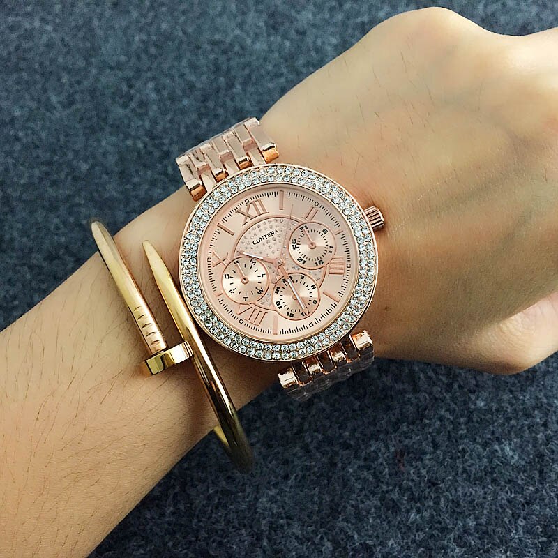 relogio feminino CONTENA Luxury Rhinestone Women&#39;s Watches Women Watches Gold Watch Full Steel Ladies Watch Clock saat: rose gold