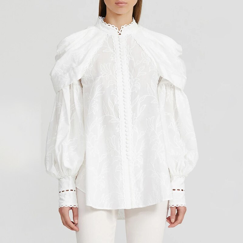 VGH-camisa con bordado blanco para mujer, blusa informal de manga farol con cuello levantado, Ropa nueva de para otoño