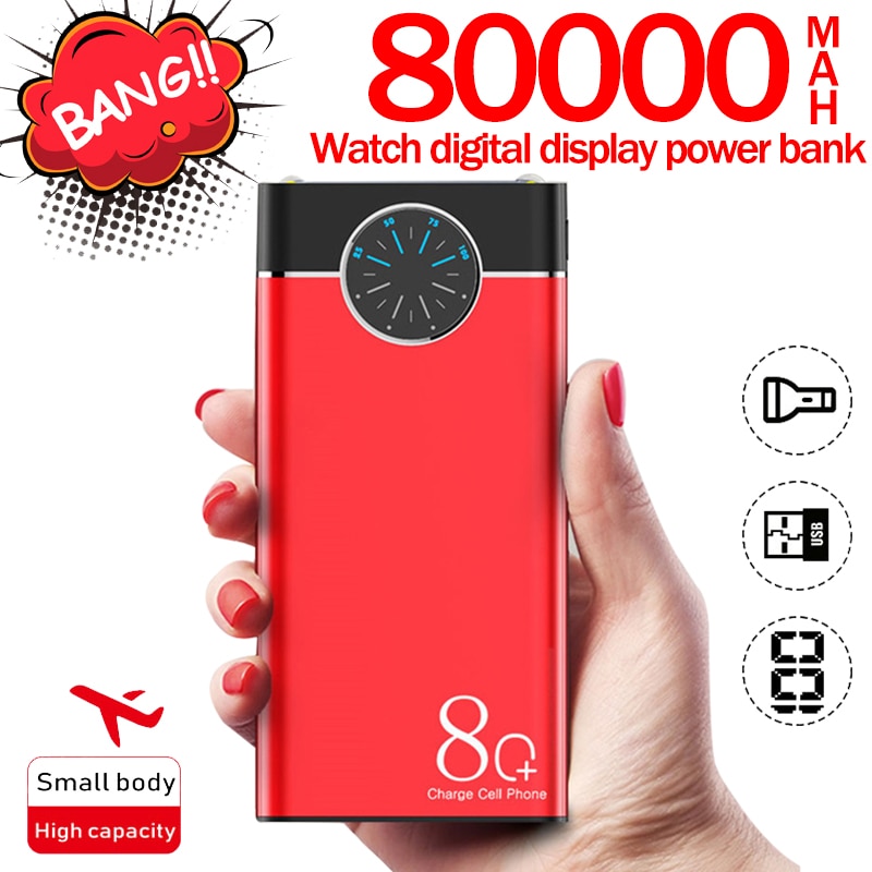80000mAh Power Bank Portable Phone Charger Large-Capacity LCD Digital Display LED Outdoor Travel for Smartphones Watch PowerBank