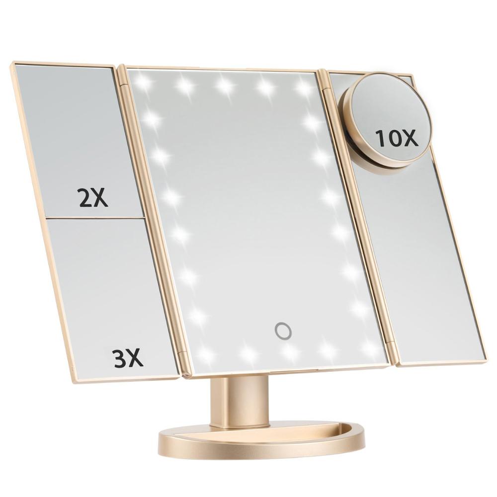 Espejo de maquillaje ligero con pantalla táctil LED, espejo cosmético de alta definición con aumento de 1X/2X/3X/10X, 22 unidades